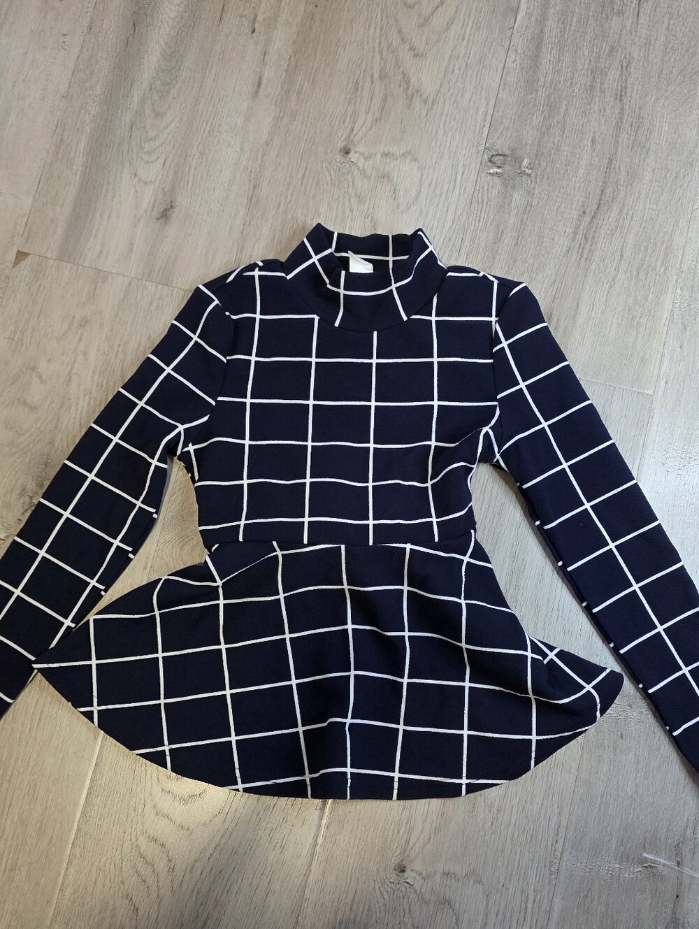 Shein Teen Set, Navy Grid Long-Sleeve Peplum Top And Matching Pants, Teen 8-9 Y